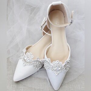 Kailee P Satin Pointy Toe Flats with Rhinestones Applique Embellishments